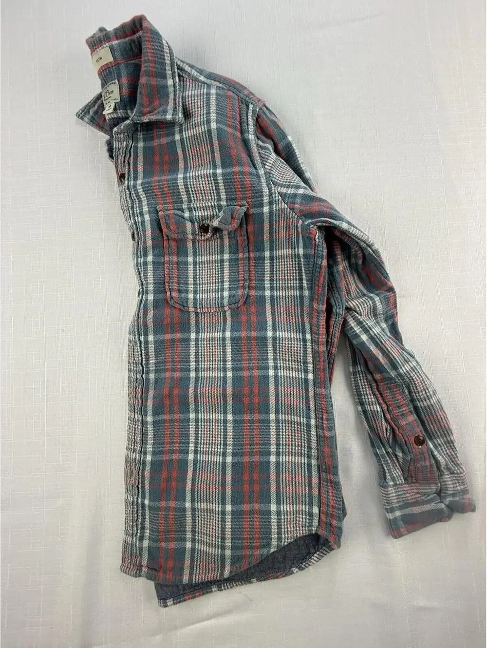 J Crew Slim Fit Plaid Flannel Shirt Jacket Mens Medium Blue Red Button Front